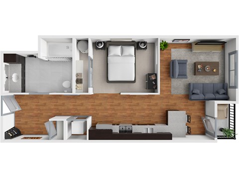A modern, minimalist apartment layout with a kitchen, living room, and bedroom.